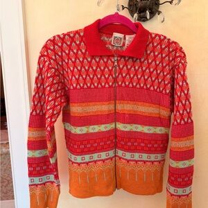 Oilly Vintage 90s Colorful Patterned Zip-Up Sweater Bright Red Teal Orange Small